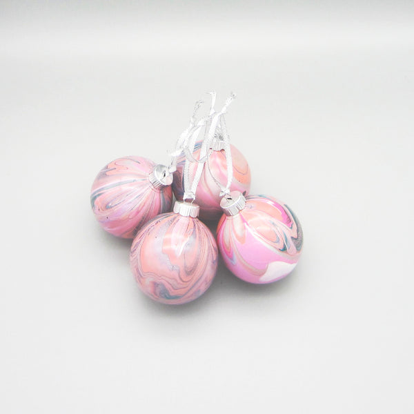 Set of 4 Hand Painted Pink & Silver Christmas Ornaments