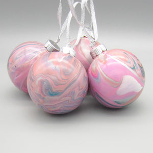 Set of 4 Hand Painted Pink & Silver Christmas Ornaments