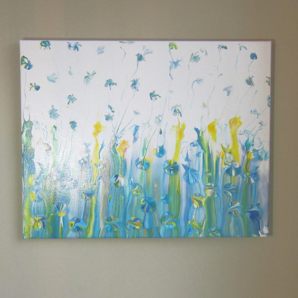 "Flower Garden" 16"x20" Blue & Yellow Acrylic Swipe Pour Painting