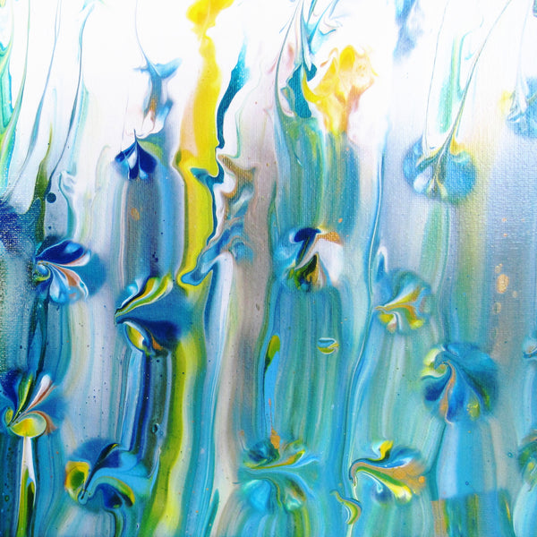 "Flower Garden" 16"x20" Blue & Yellow Acrylic Swipe Pour Painting