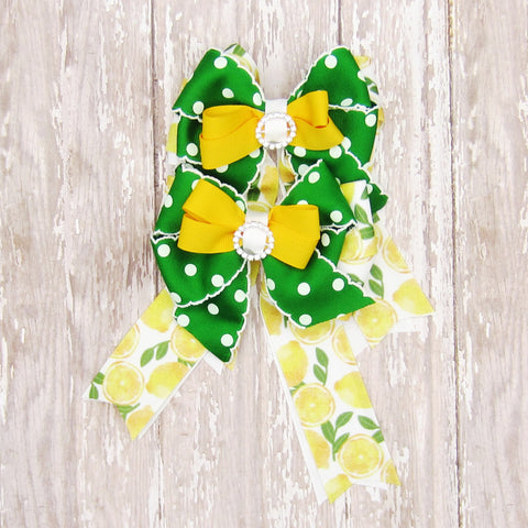 Lemonade & Green Polka Dot Equestrian Hair Bows-Available on a French Barrette or Hair Clip