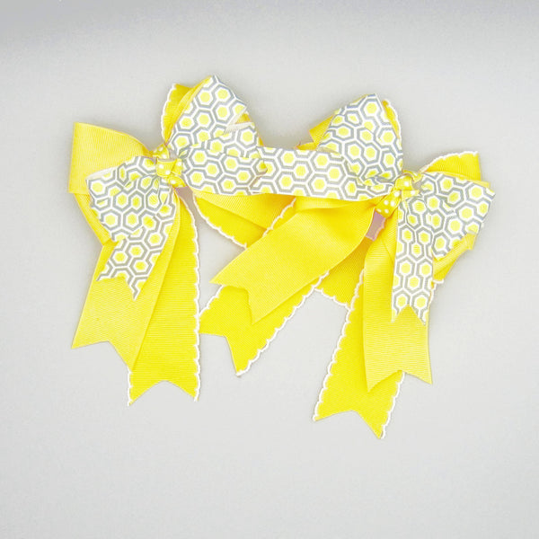 Yellow & Grey Honeycomb Equestrian Hair Bows-Available on a French Barrette, Hair Clip, or Pony O