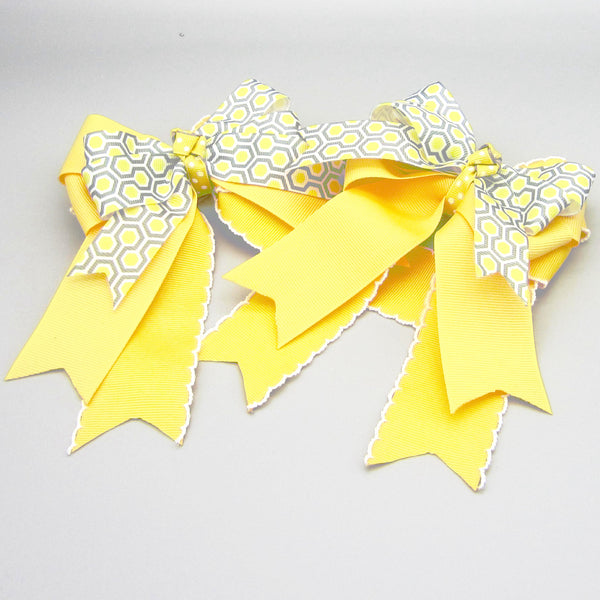 Yellow & Grey Honeycomb Equestrian Hair Bows-Available on a French Barrette, Hair Clip, or Pony O