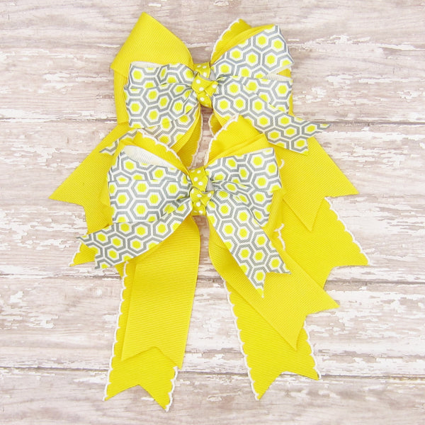 Yellow & Grey Honeycomb Equestrian Hair Bows-Available on a French Barrette, Hair Clip, or Pony O