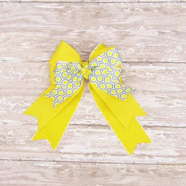 Yellow & Grey Honeycomb Equestrian Hair Bows-Available on a French Barrette, Hair Clip, or Pony O
