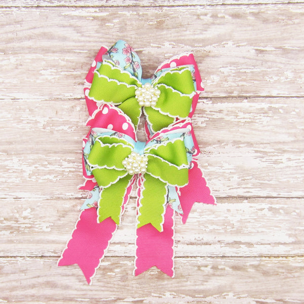 Hot Pink & Green Cherryblossom Equestrian Hair Bows-Available on a French Barrette, Hair Clip, or Pony O
