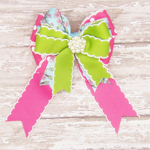 Hot Pink & Green Cherryblossom Equestrian Hair Bows-Available on a French Barrette, Hair Clip, or Pony O