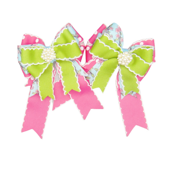 Hot Pink & Green Cherryblossom Equestrian Hair Bows-Available on a French Barrette, Hair Clip, or Pony O