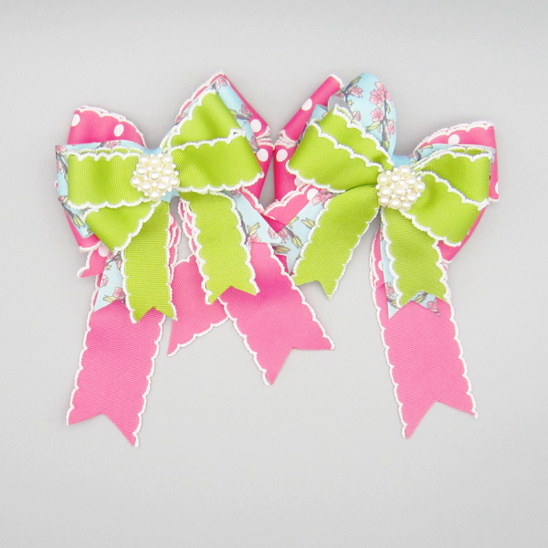 Hot Pink & Green Cherryblossom Equestrian Hair Bows-Available on a French Barrette, Hair Clip, or Pony O