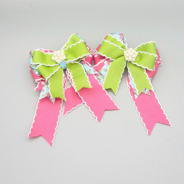 Hot Pink & Green Cherryblossom Equestrian Hair Bows-Available on a French Barrette, Hair Clip, or Pony O