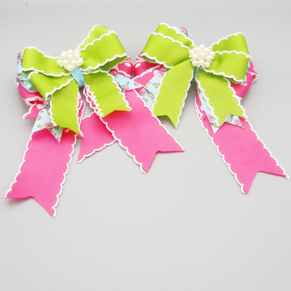 Hot Pink & Green Cherryblossom Equestrian Hair Bows-Available on a French Barrette, Hair Clip, or Pony O