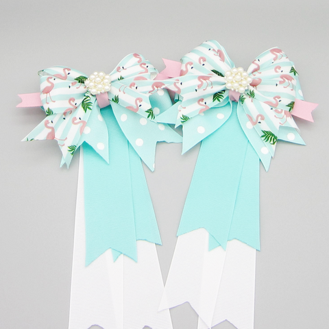 Flamingo Pink & Aqua Equestrian Hair Bows-Available on a French Barrette, or Hair Clip