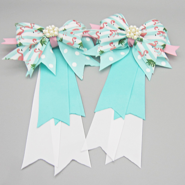 Flamingo Pink & Aqua Equestrian Hair Bows-Available on a French Barrette, or Hair Clip