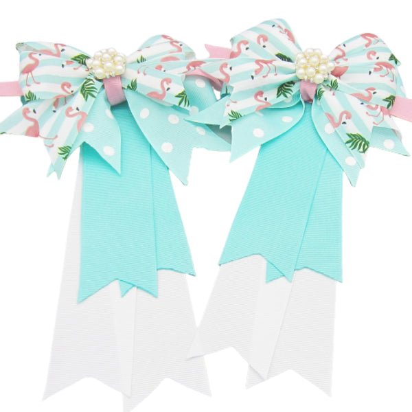 Flamingo Pink & Aqua Equestrian Hair Bows-Available on a French Barrette, or Hair Clip