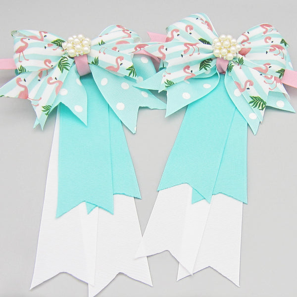 Flamingo Pink & Aqua Equestrian Hair Bows-Available on a French Barrette, or Hair Clip