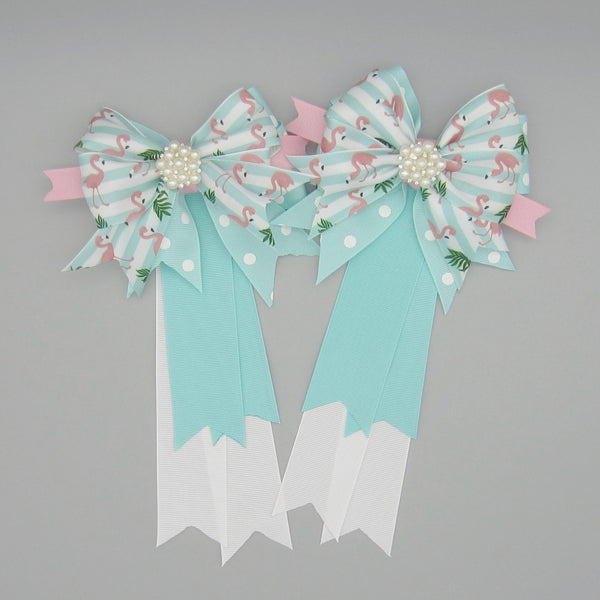 Flamingo Pink & Aqua Equestrian Hair Bows-Available on a French Barrette, or Hair Clip