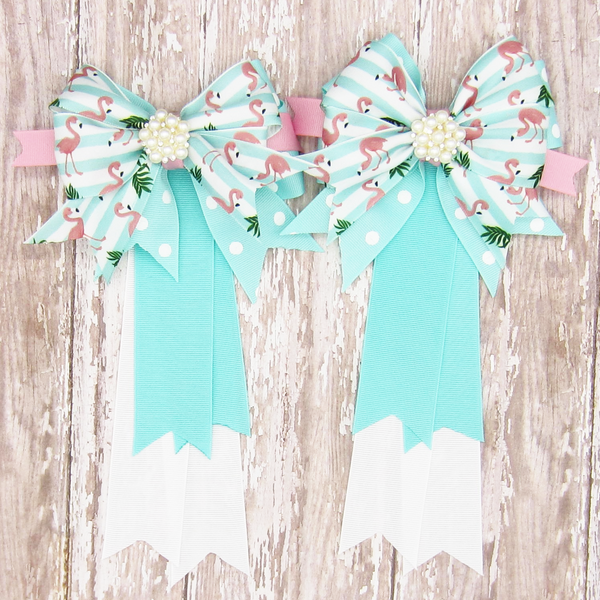 Flamingo Pink & Aqua Equestrian Hair Bows-Available on a French Barrette, or Hair Clip