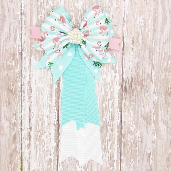 Flamingo Pink & Aqua Equestrian Hair Bows-Available on a French Barrette, or Hair Clip