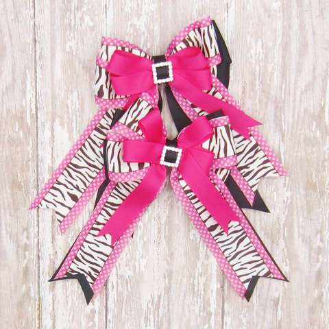 Hot Pink Zebra and Black Equestrian Hair Bows-Available on a French Barrette, or Hair Clip