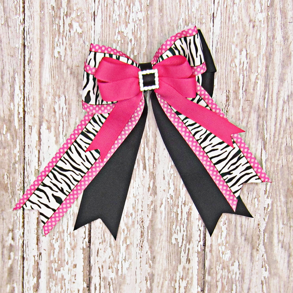 Hot Pink Zebra and Black Equestrian Hair Bows-Available on a French Barrette, or Hair Clip