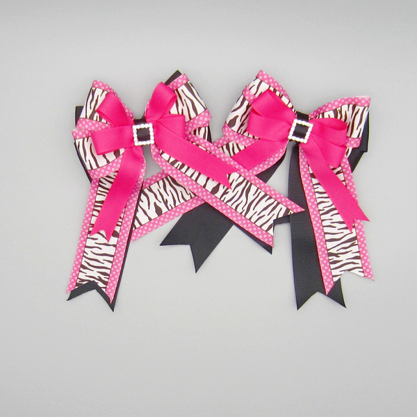Hot Pink Zebra and Black Equestrian Hair Bows-Available on a French Barrette, or Hair Clip