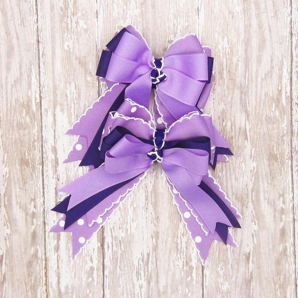 Lavender, Purple, White Polka Dot Equestrian Hair Bows-Available on a French Barrette, or Hair Clip