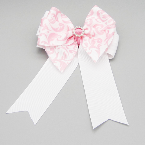 Pink & White Damask Equestrian Hair Bow-Available on a French Barrette, Hair Clip, or Pony O