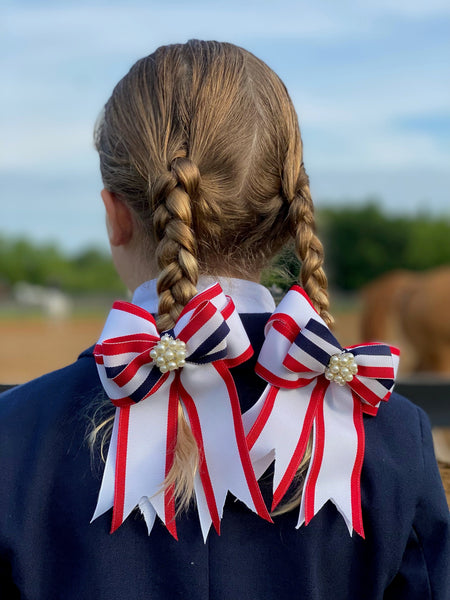 Red, White & Blue Equestrian Hair Bows-Available on a French Barrette, Hair Clip, or Pony O