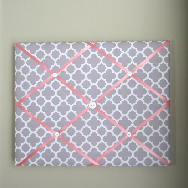 16"x20" Memory Board or Bow Holder-Grey & Coral Quatrefoil - Hold It!