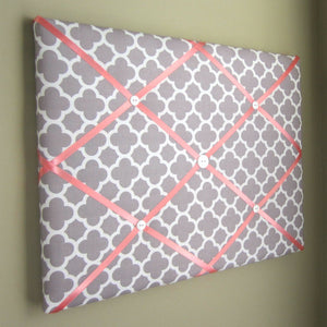 16"x20" Memory Board or Bow Holder-Grey & Coral Quatrefoil - Hold It!