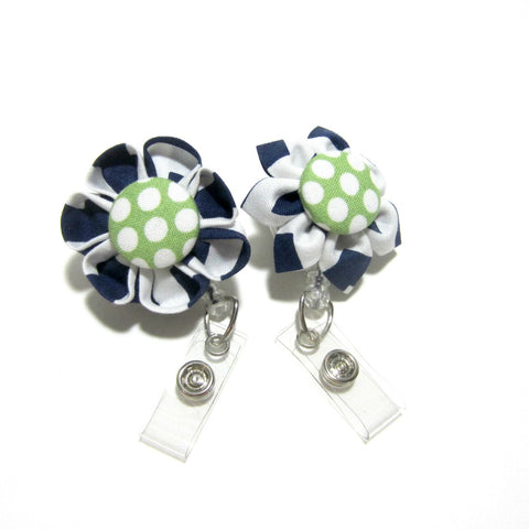 Navy Blue & Green Dot Flower Retractable Badge Reel, ID Holder, Lanyard - Hold It!