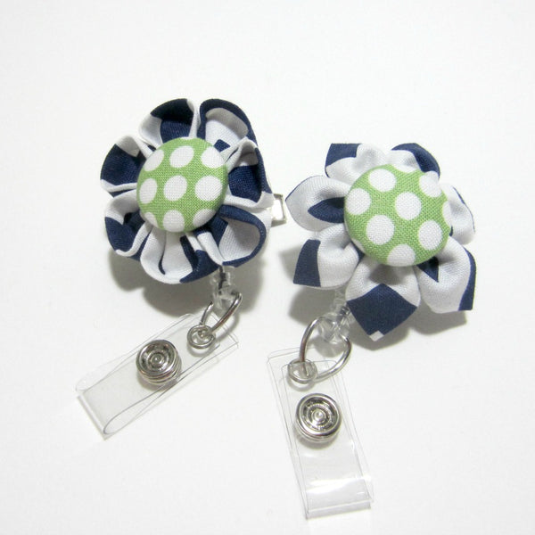 Navy Blue & Green Dot Flower Retractable Badge Reel, ID Holder, Lanyard - Hold It!
