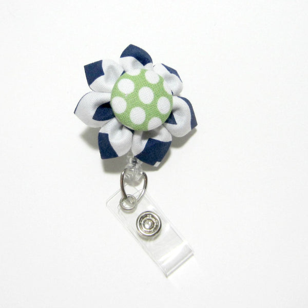 Navy Blue & Green Dot Flower Retractable Badge Reel, ID Holder, Lanyard - Hold It!