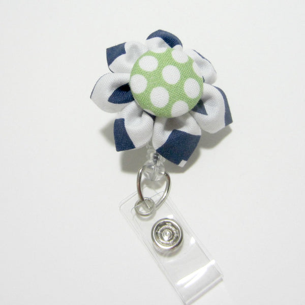 Navy Blue & Green Dot Flower Retractable Badge Reel, ID Holder, Lanyard - Hold It!