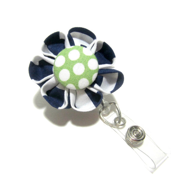 Navy Blue & Green Dot Flower Retractable Badge Reel, ID Holder, Lanyard - Hold It!