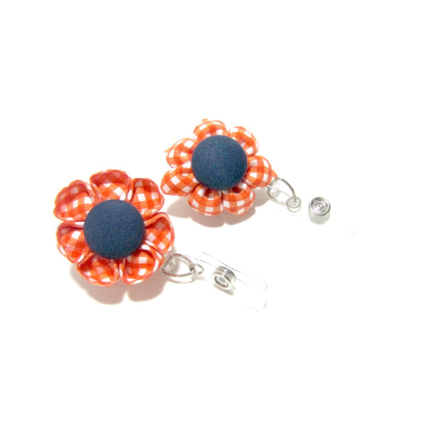 Orange & Navy Gingham Flower Retractable Badge Reel, ID Holder, Lanyard - Hold It!