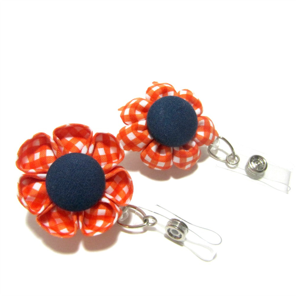 Orange & Navy Gingham Flower Retractable Badge Reel, ID Holder, Lanyard - Hold It!