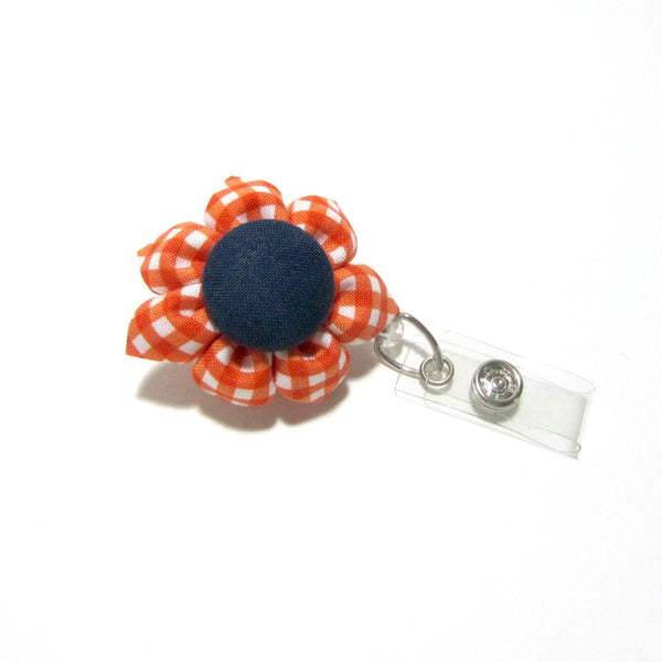 Orange & Navy Gingham Flower Retractable Badge Reel, ID Holder, Lanyard - Hold It!