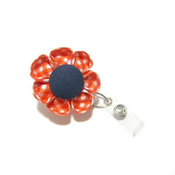 Orange & Navy Gingham Flower Retractable Badge Reel, ID Holder, Lanyard - Hold It!