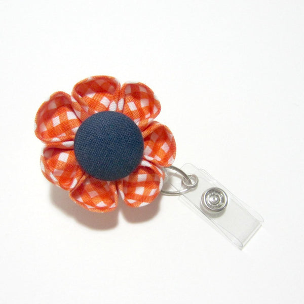 Orange & Navy Gingham Flower Retractable Badge Reel, ID Holder, Lanyard - Hold It!