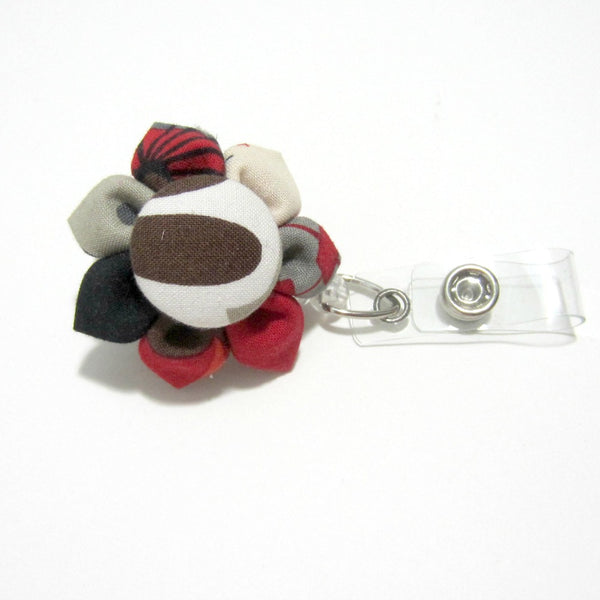 Red, Brown, Cream Flower Retractable Badge Reel, ID Holder, Lanyard - Hold It!