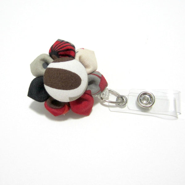 Red, Brown, Cream Flower Retractable Badge Reel, ID Holder, Lanyard - Hold It!