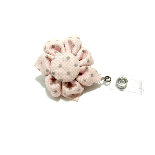 Pink & Grey Polka Dot Flower Retractable Badge Reel, ID Holder, Lanyard - Hold It!