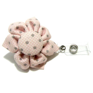 Pink & Grey Polka Dot Flower Retractable Badge Reel, ID Holder, Lanyard - Hold It!