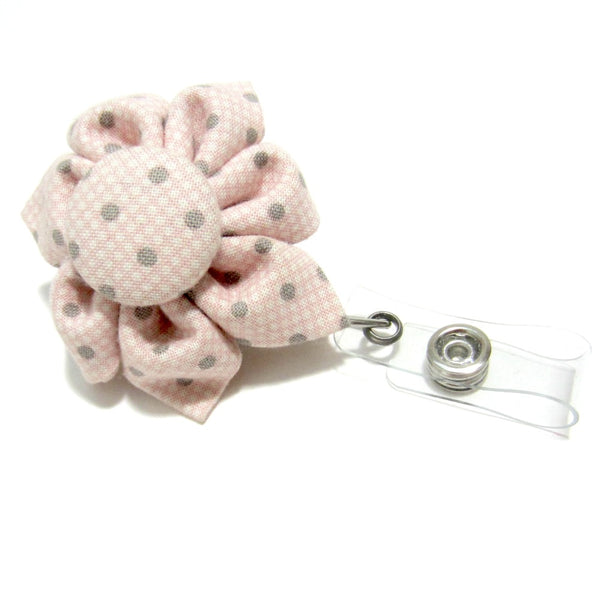 Pink & Grey Polka Dot Flower Retractable Badge Reel, ID Holder, Lanyard - Hold It!