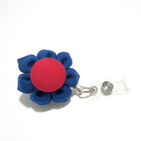 Royal Blue & Red Flower Retractable Badge Reel, ID Holder, Lanyard - Hold It!