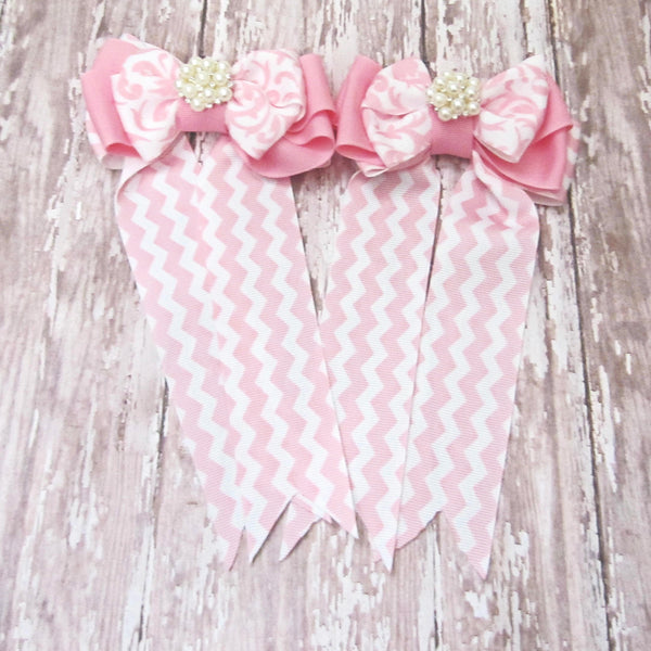 Pink & White Equestrian Hair Bows-Available on a French Barrette, Hair Clip, or Pony O