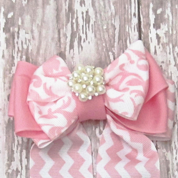 Pink & White Equestrian Hair Bows-Available on a French Barrette, Hair Clip, or Pony O