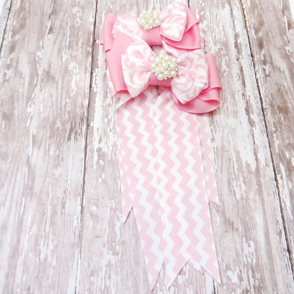 Pink & White Equestrian Hair Bows-Available on a French Barrette, Hair Clip, or Pony O