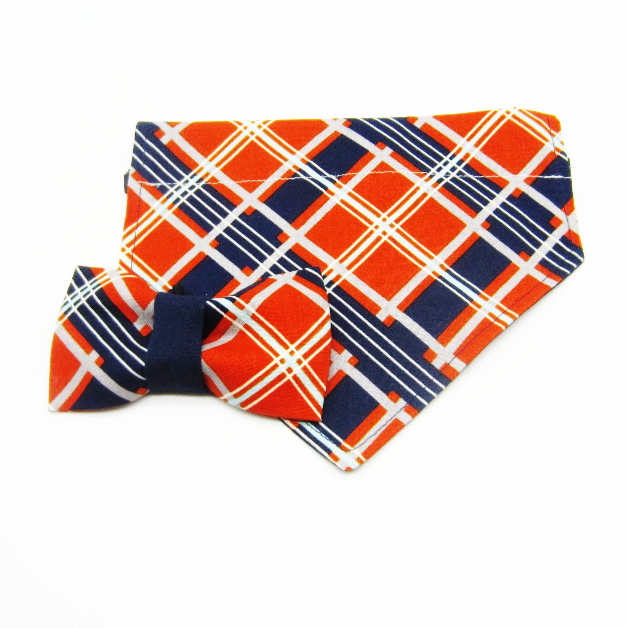 Orange & Navy Blue Plaid Pet Bandana or Bow Tie-4 Sizes Fits Over Collar